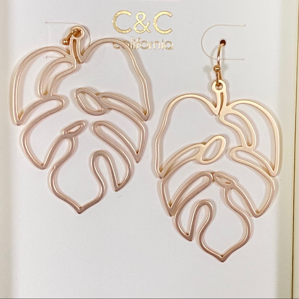 Brass Monstera Leaf Earrings Gift - Picture 2 of 3